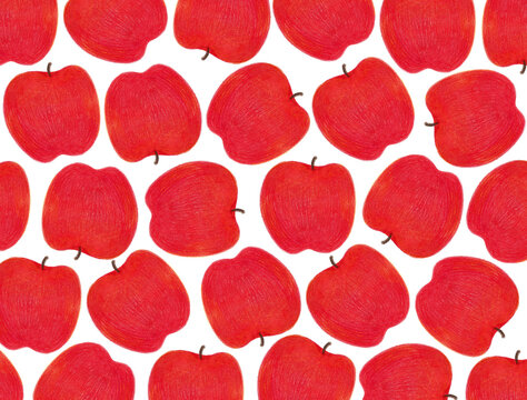 Red apples are featured in a repeated design on a white surface. The apples are drawn with texture and varied shapes. This design is suitable for various uses.
