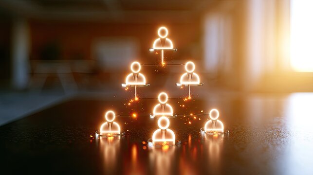 Glowing Human Icons Forming a Pyramid Structure Symbolizing Teamwork and Hierarchy.