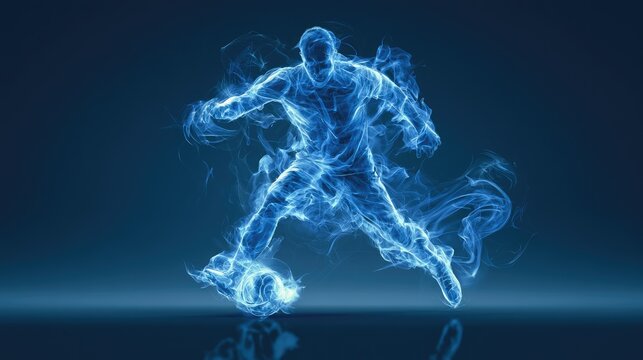 Dynamic Blue Energy Soccer Player Kicking Ball.