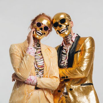 Two individuals wearing gold skeleton masks and stylish outfits pose together, one in a striped suit and the other in a shiny gold jacket against a light background