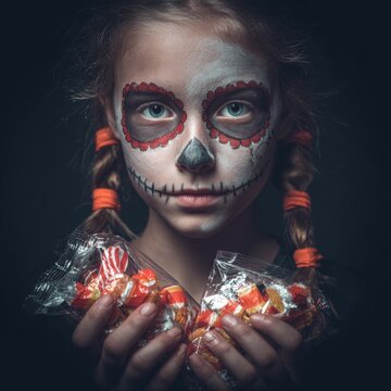 Young girl with sugar skull face paint holds candy in both hands, wearing orange hair ties, against a dark background, celebrating Dia de los Muertos