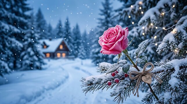 Beautiful pink rose with love heart wooden charm on pine branch covered in snow near winter house landscape.