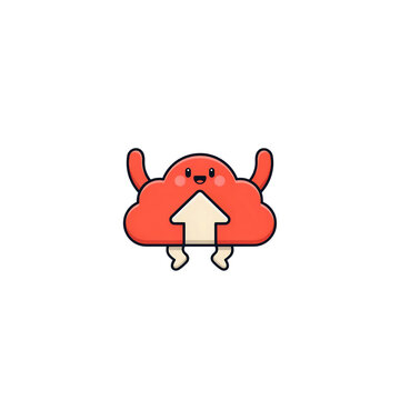 Cute red cloud character with an upload arrow sign in a fun pixel art style design element