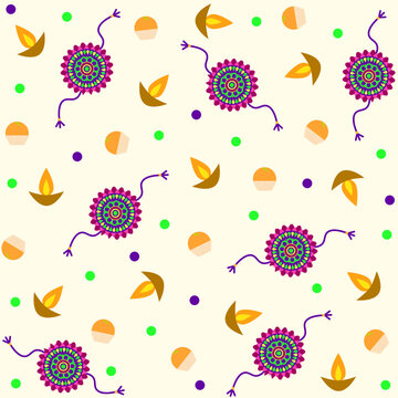 Seamless Pattern of Rakhi, Diya And Sweets For Raksha Bandhan