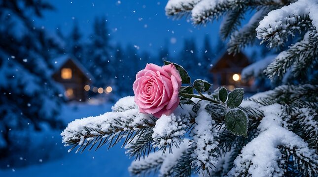 Single pink rose sitting on pine branch covered in snow at twilight with blurred mountain cabin background.