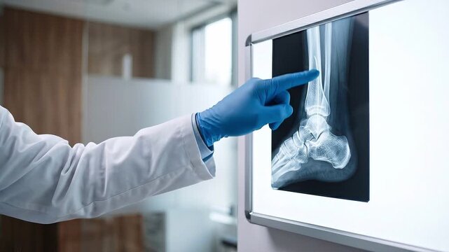 Orthopedic xray radiology of ankle bone with medical doctor pointing at injury area using blue glove for accurate diagnosis and healthcare treatment in clinical skeleton environment