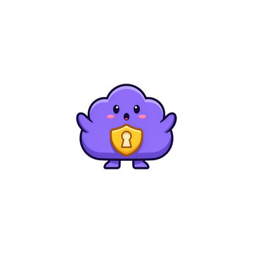 Cute purple cloud character holding a golden shield icon for cyber security and data protection
