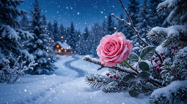Pink rose blossom on snowy pine branch during winter snowfall with bokeh cabin in background.