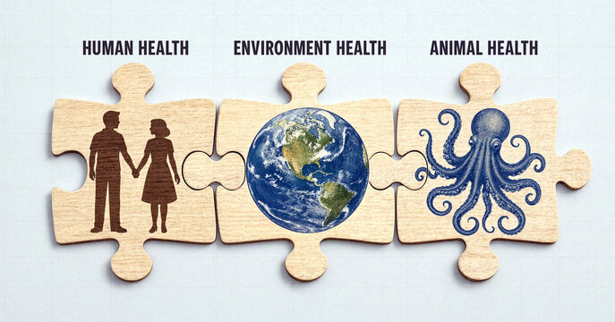 Interconnected puzzle pieces showing human health environment health and animal health concept illustration