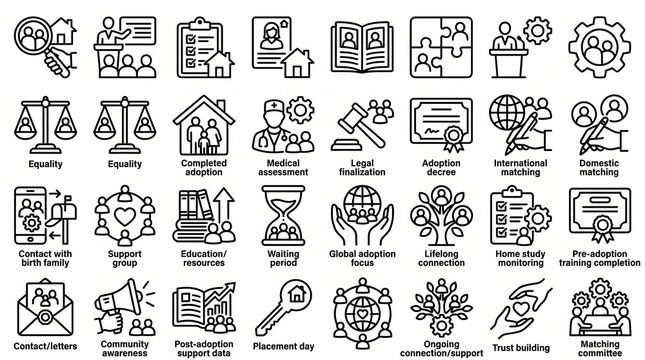 Set of adoption and family support icons in a thin line art style