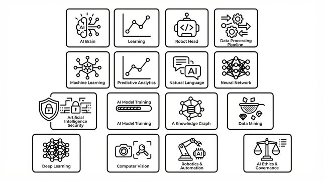 Set of artificial intelligence technology line icons on white background
