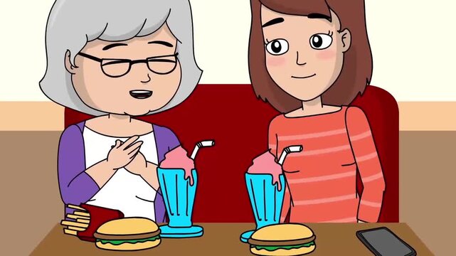 2D animation of a young woman and an elderly senior woman enjoying drinks and burgers at a restaurant table