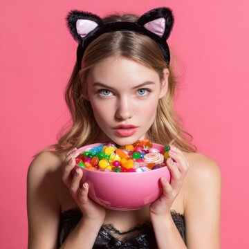 Young woman with cat ears headband holds pink bowl filled with colorful candies and sweets against a vibrant pink background, showcasing a playful and fun atmosphere