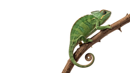 Small green chameleon lizard reptile perched on branch wildlife animal isolated on transparent background © PNG_MEGAStock