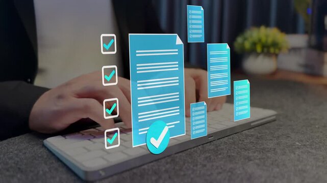 Businessman using a laptop with digital checklist and document approval icons, representing online task management, workflow automation and project completion in modern business operations.
