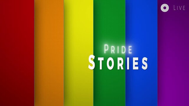 Pride Stories Broadcast Graphic with Glowing Text and Rainbow Striped Background