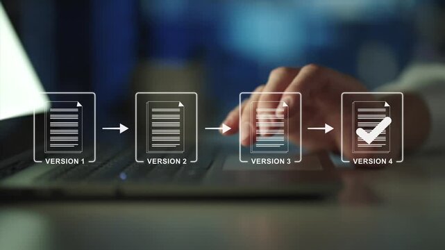 Document version control and revision history concept. digital files, change tracking, online document control, edit approval workflow, verified update