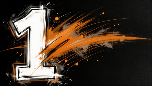Dynamic white number one graphic design with vibrant orange splashes and grunge background