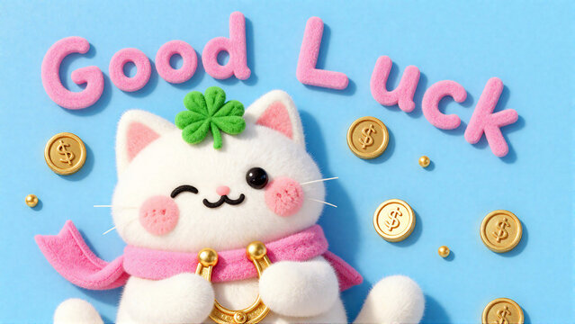 Cute felt lucky cat with clover horseshoe and gold coins wishing good luck on blue