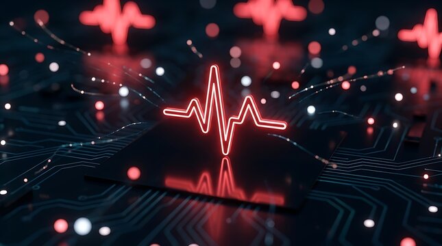 Neon heartbeat pulse signal glowing on a high tech computer processor circuit board background