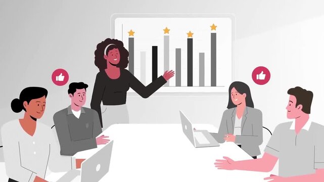 2D animation of a business presentation meeting in a conference room with speaker showing chart analytics data