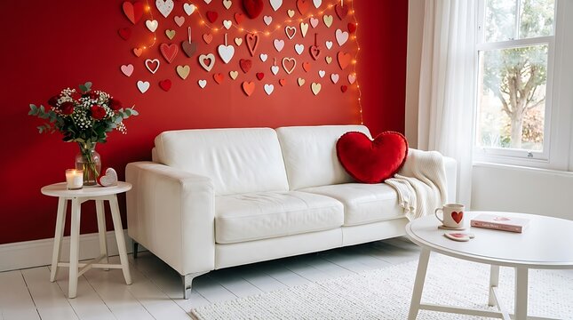 Romantic living room interior with red heart themed feature wall white sofa and bouquet of fresh red roses on circular table.