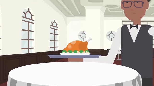 2D animation of a waiter in bowtie carrying a tray with roasted turkey to a round table restaurant concept