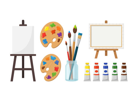 Art supplies set featuring easels paint palettes brushes and tubes of colorful oil paint.