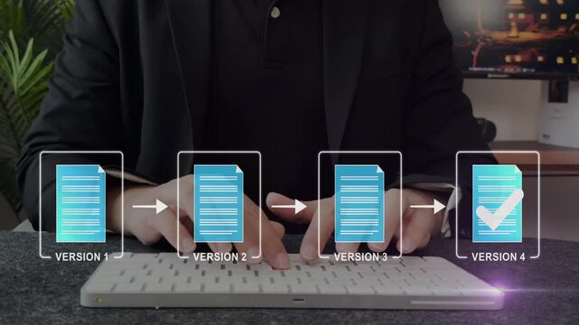 Document version control and revision history concept. digital files, change tracking, online document control, edit approval workflow, verified update