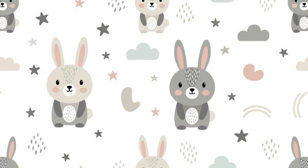 Fototapeta premium Cute Bunny Pattern Seamless, Kawaii Animals, Stars, Clouds, Baby Background