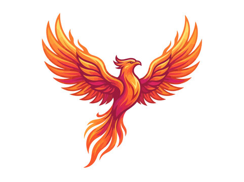 A majestic phoenix bird rising with vibrant fiery wings and flowing tail feathers.