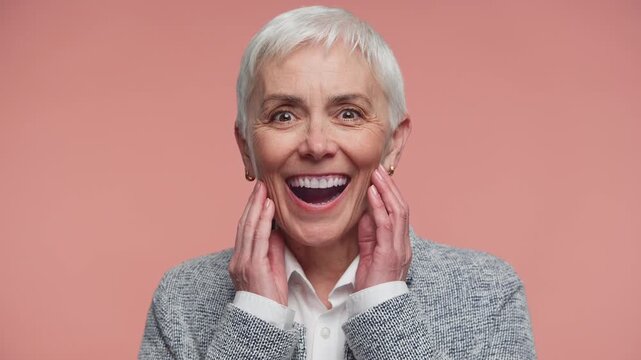 Surprised Senior Woman Showing Joyful Positive Expression