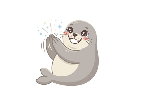 A cute cartoon seal clapping its flippers with a happy expression.