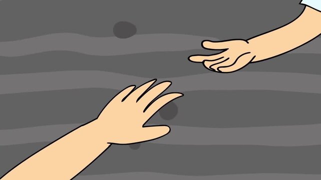 2D animation of two hands reaching out towards each other across a gap help support connection concept