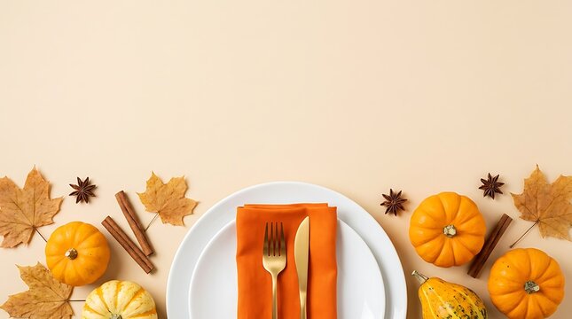 Autumn thanksgiving table setting with pumpkins and fall foliage decorations