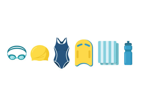 A collection of essential swimming gear including goggles cap swimsuit kickboard towel and water bottle.