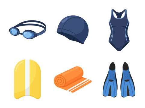 A collection of essential swimming gear including goggles cap swimsuit kickboard towel and fins.