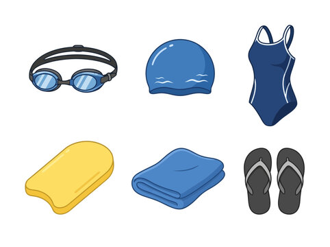 A collection of essential swimming gear and accessories for pool activities.