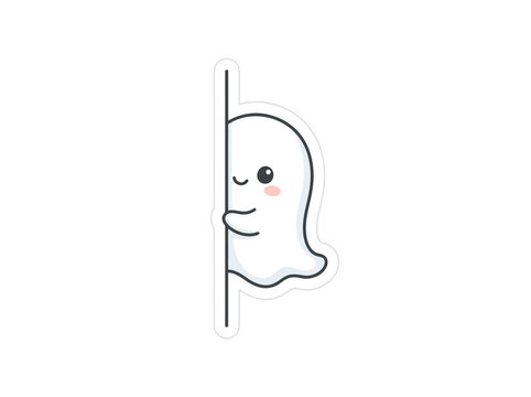 A cute cartoon ghost peeking from behind a vertical black line.