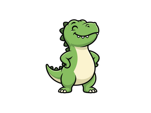 A cute cartoon green dinosaur standing with hands on hips.