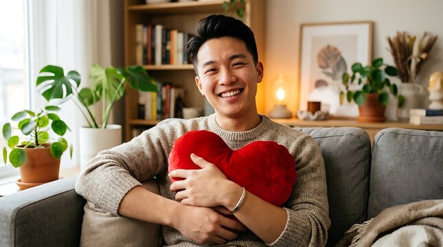 Cheerful young asian man holding a red heart shaped pillow while relaxing on a gray sofa in a cozy sunlit room.