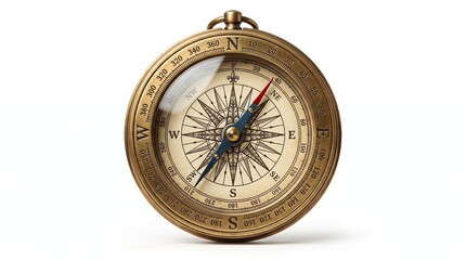 Vintage brass compass on white background, antique nautical navigation tool, classic golden directional instrument for travel and adventure © Muhammad