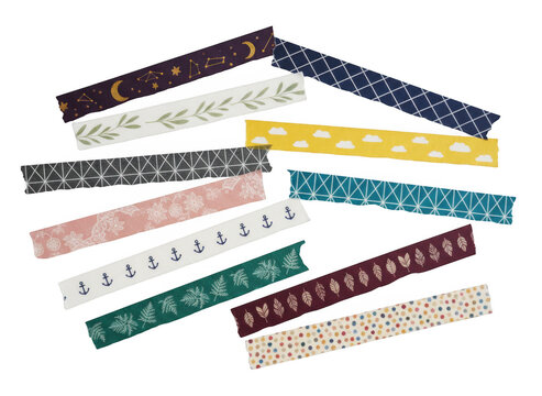 Set of colorful decorative washi tape strips with various patterns and designs