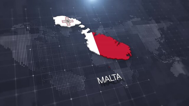 Malta map with national flag on digital world map background, geographic border, global political and international news concept