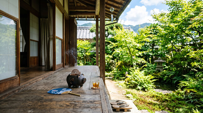 古民家の縁側と蚊遣り豚、うちわと冷茶のある日本の夏風景