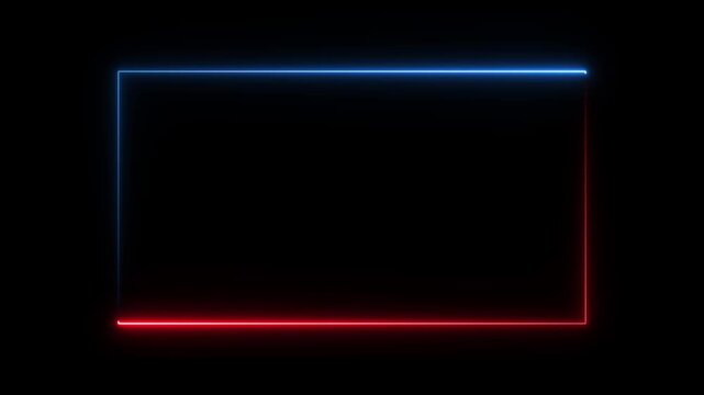 Square rectangle picture frame with two tone neon color motion graphic on isolated black background. red and blue light moving for overlay element, video effect seamless loop. Empty space