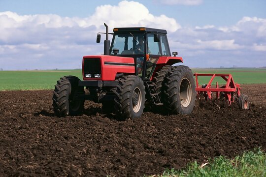 Tractor plowing dark soil in an agriculture field for modern farming machinery