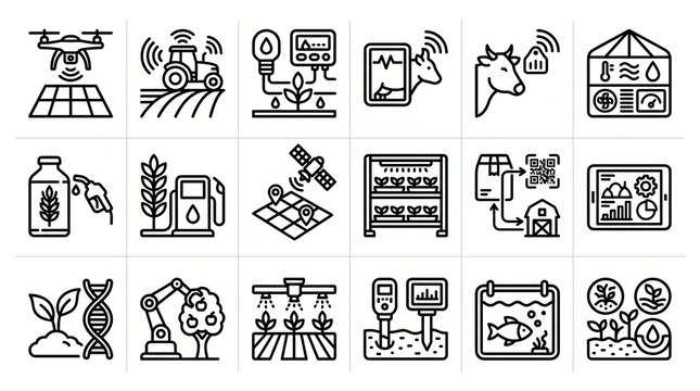 Smart farming and modern agriculture technology thin line icons set