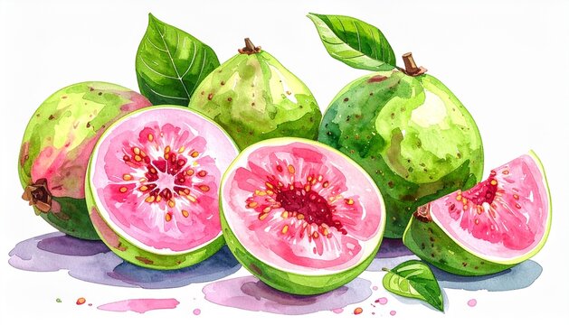 Elegant watercolor illustration featuring a fresh pink guava collection with whole fruit, halves, and a slice isolated on a clean white background