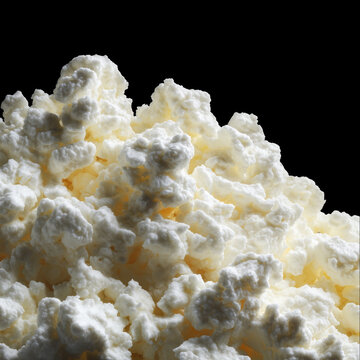 Cottage cheese isolated on black background with clipping path, presenting concept of healthy nutrition and protein